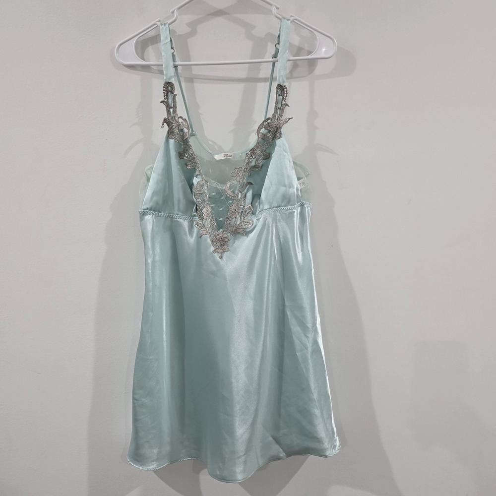 Flora Womens Babydoll Satin Chemise Size Medium Teal Floral Fairy Coquette‎ Slip